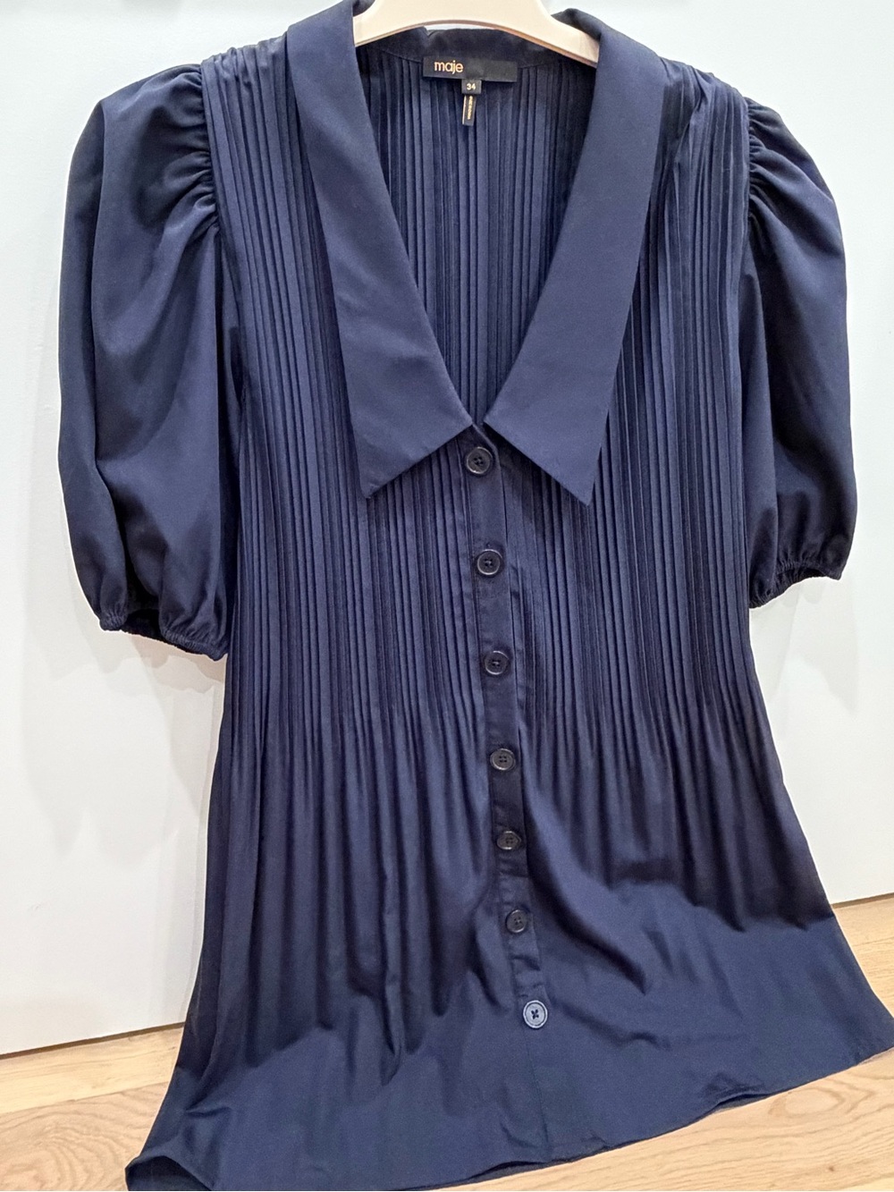 Maje Navy Pleated Puff-Sleeve Long Dress
